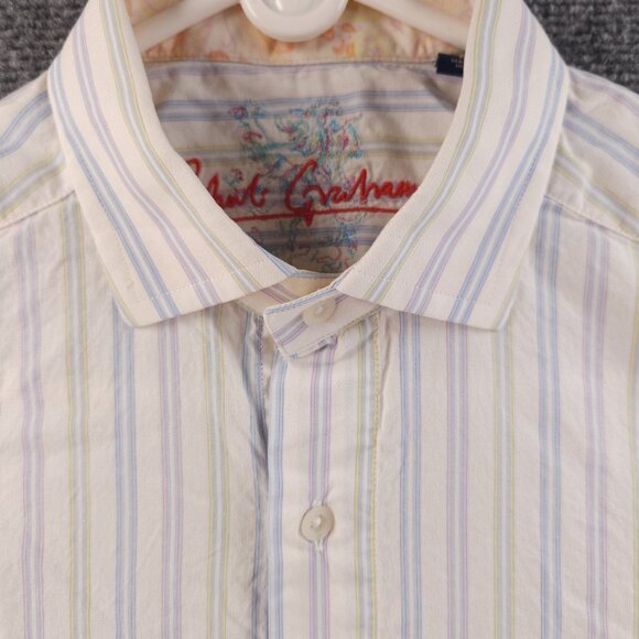 Robert Graham Blue Yellow Pastel Striped Medium Long Sleeve Button Up Embroidery - Picture 2 of 16